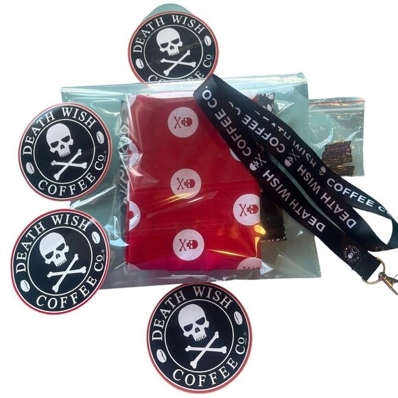 Death Wish Coffee Co. Other - Death Wish Coffee Co Limited Edition Bandanas Black Red Lanyard Pin Decals NEW